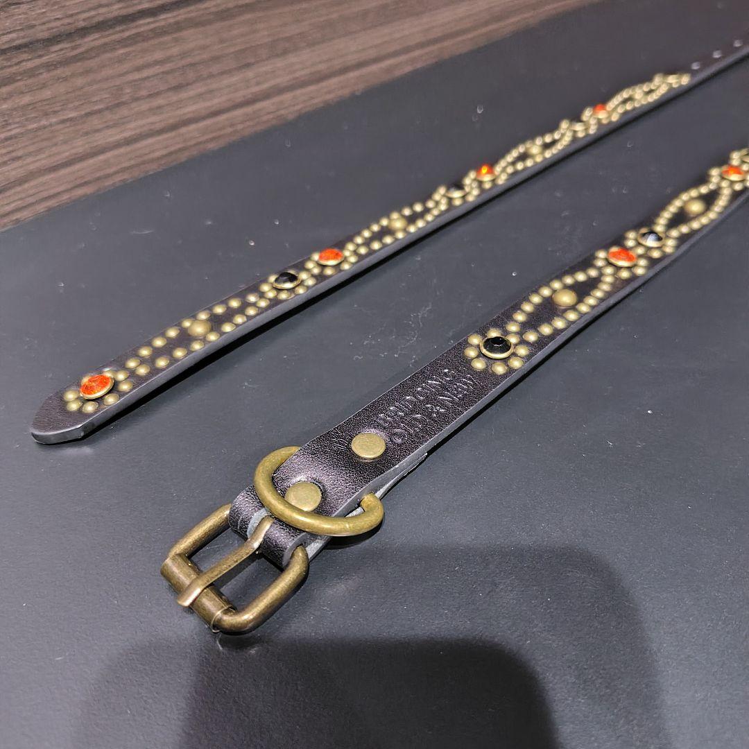 クロス橙■本革レザーフルスタッズナローベルト☆ヴィンテージアンティークゴールド