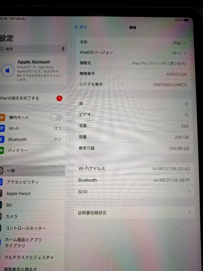 iPad Pro 第2世代 11インチ256GB Wi-Fiモデル