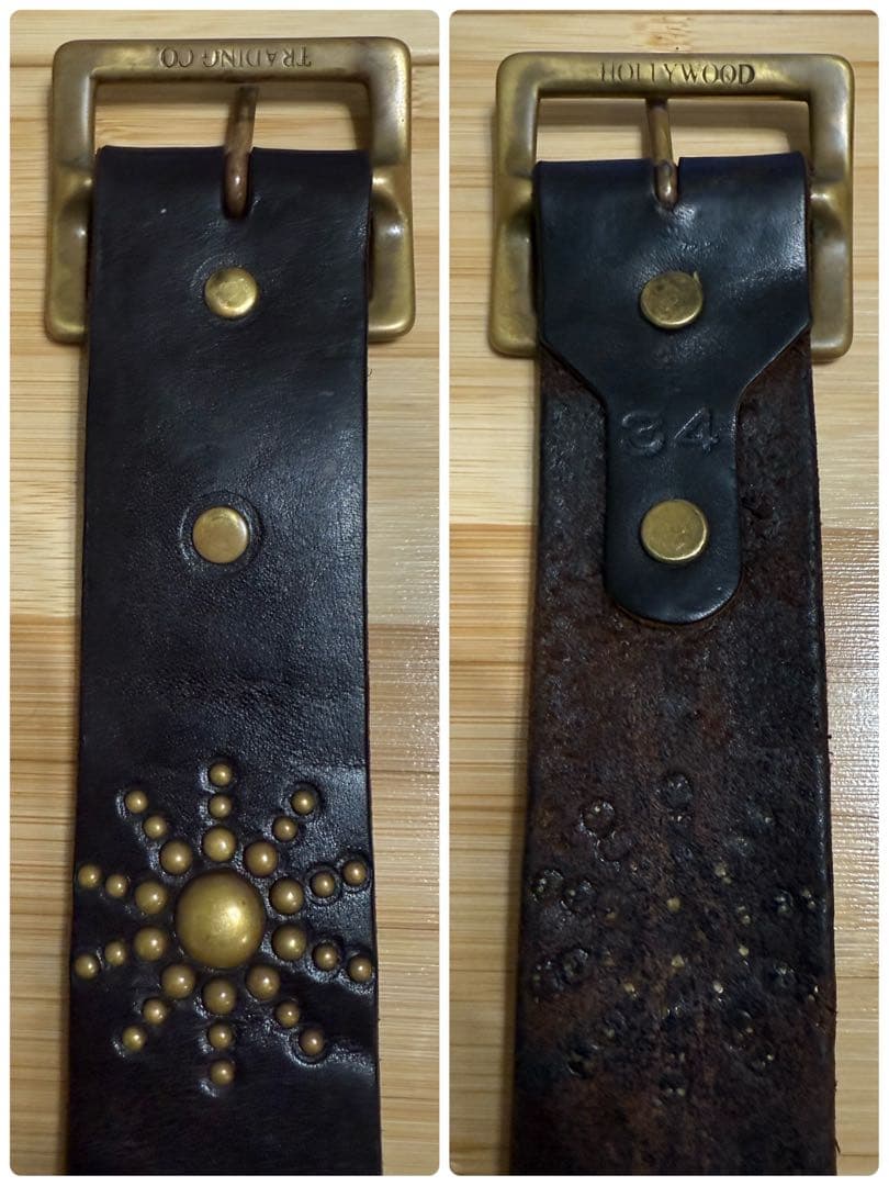 HTC⭐️ネイティブ柄スターバーストベルト⭐️Dブラウンレザー×ブラススタッズ⭐️34