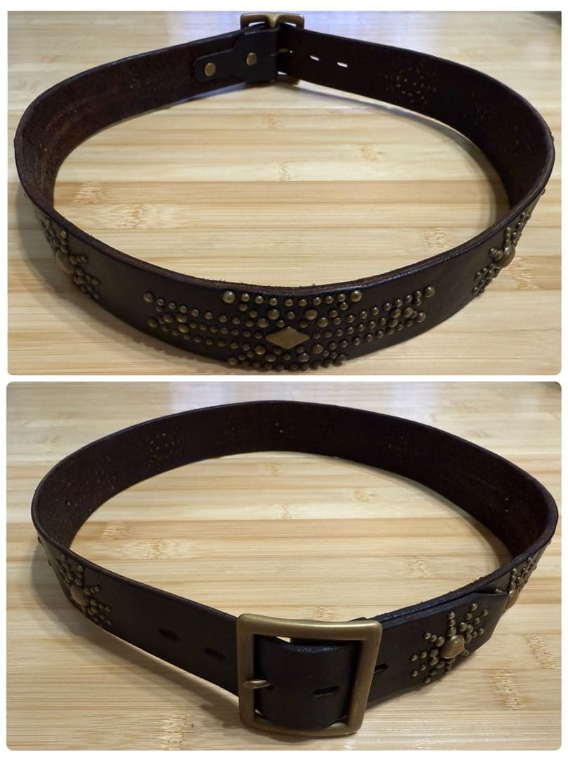 HTC⭐️ネイティブ柄スターバーストベルト⭐️Dブラウンレザー×ブラススタッズ⭐️34