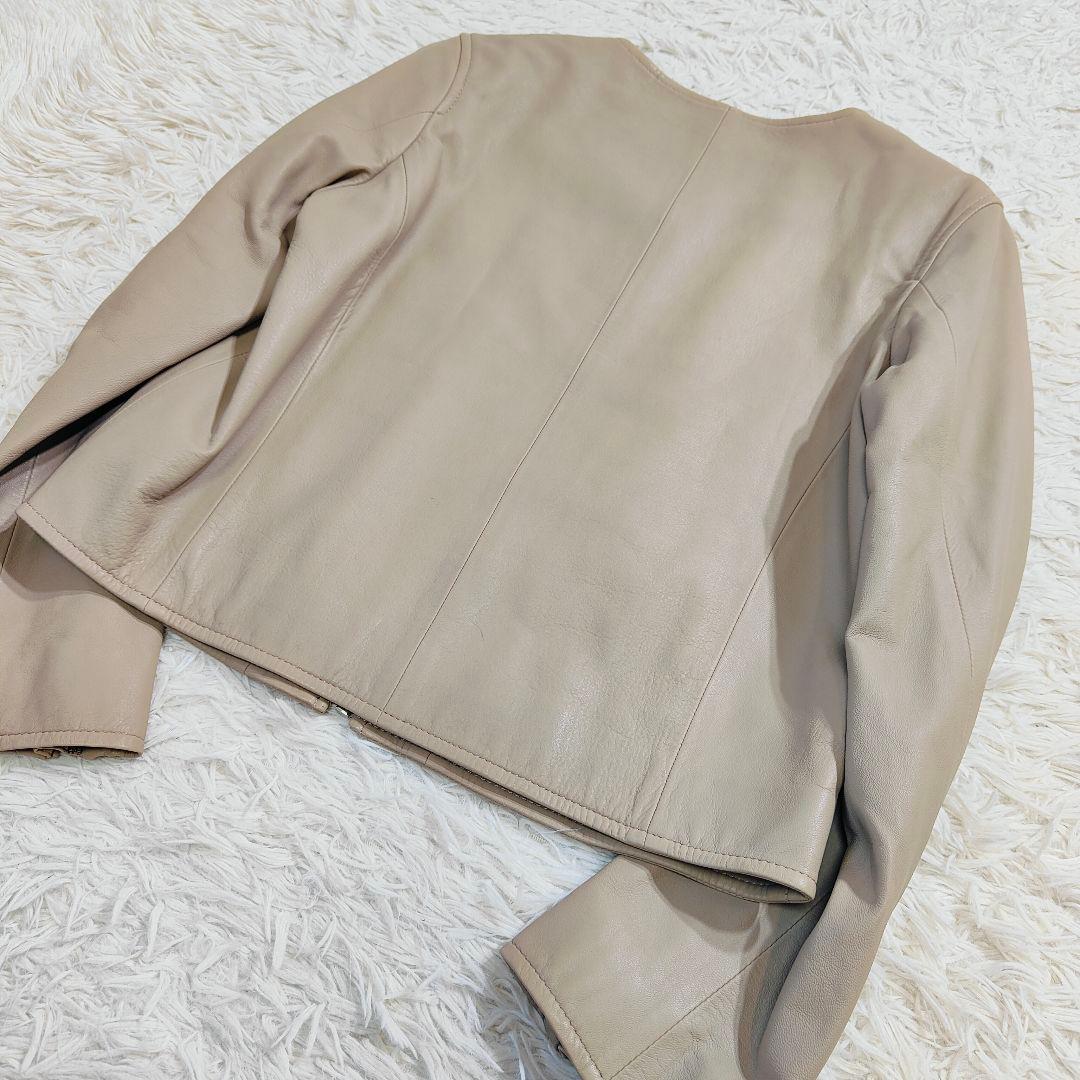 極美 ビームス ラムレザー 羊革 ノーカラー ライダースジャケット ベージュ 1
