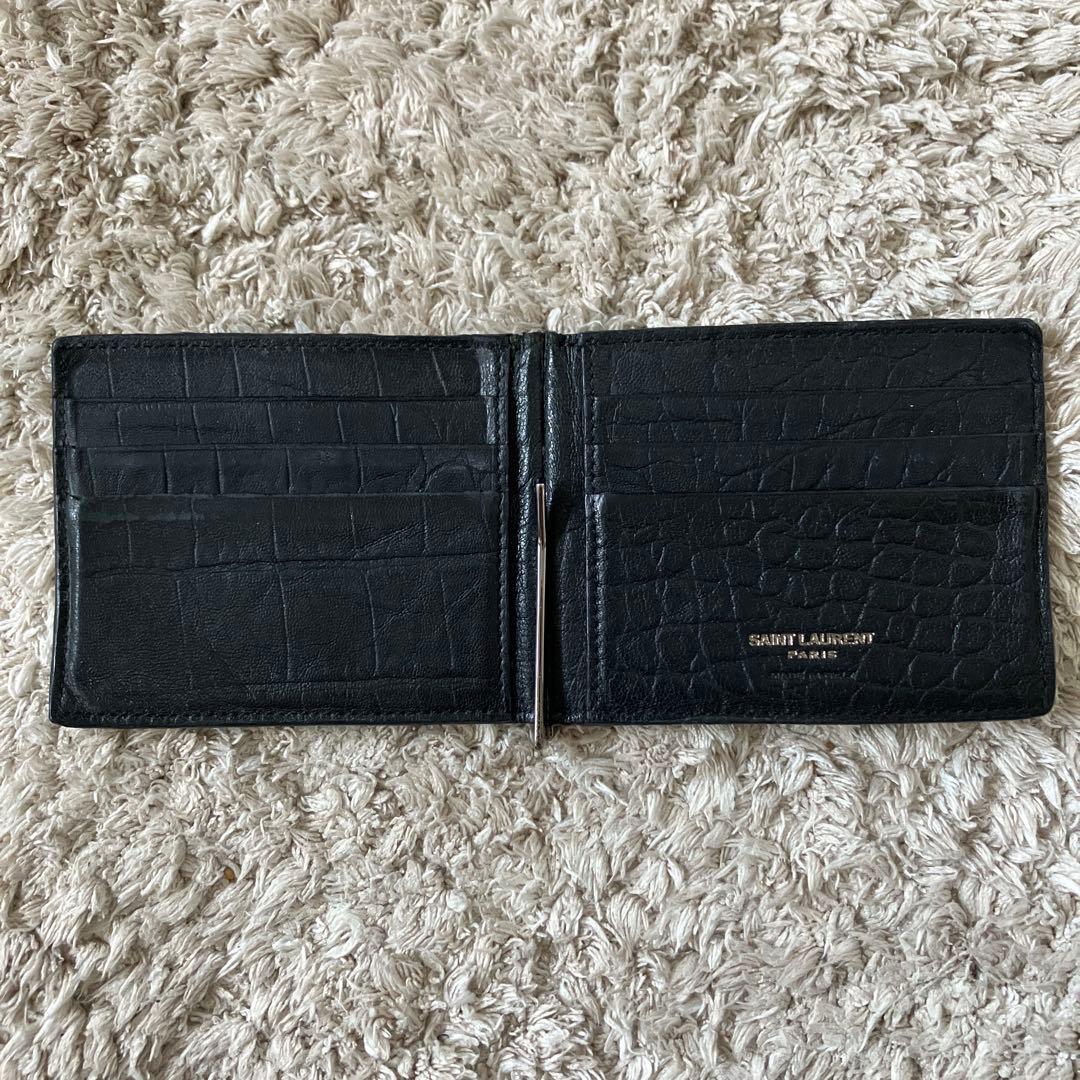 【美品✨】サンローラン レザー マネークリップ YSLロゴ　財布　クロコ　型押し