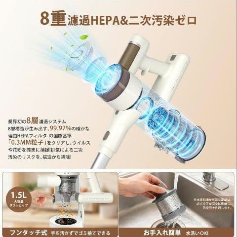 専用　コードレス掃除機　自立式　75000Pa　超強力吸引　65分連続駆動
