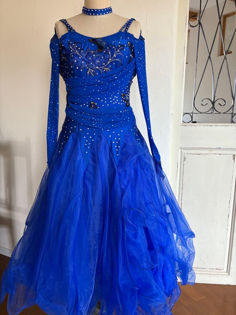 社交ダンスドレス 青 オフショルダー