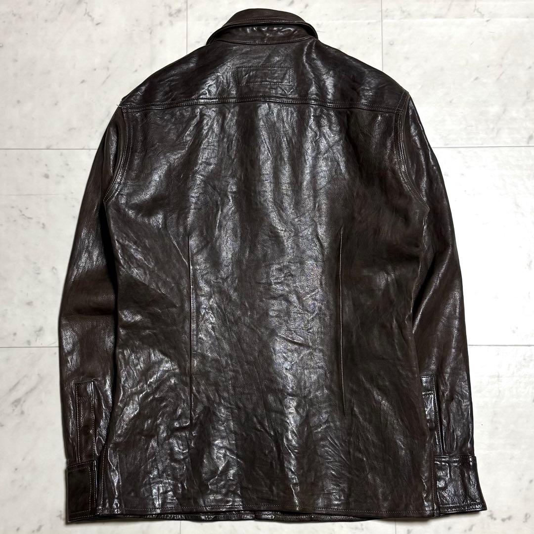 美品 イサムカタヤマバックラッシュ カウレザーシャツ 牛革 ダークブラウン 2