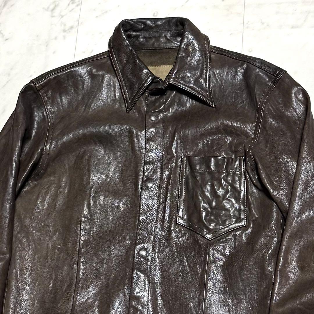 美品 イサムカタヤマバックラッシュ カウレザーシャツ 牛革 ダークブラウン 2
