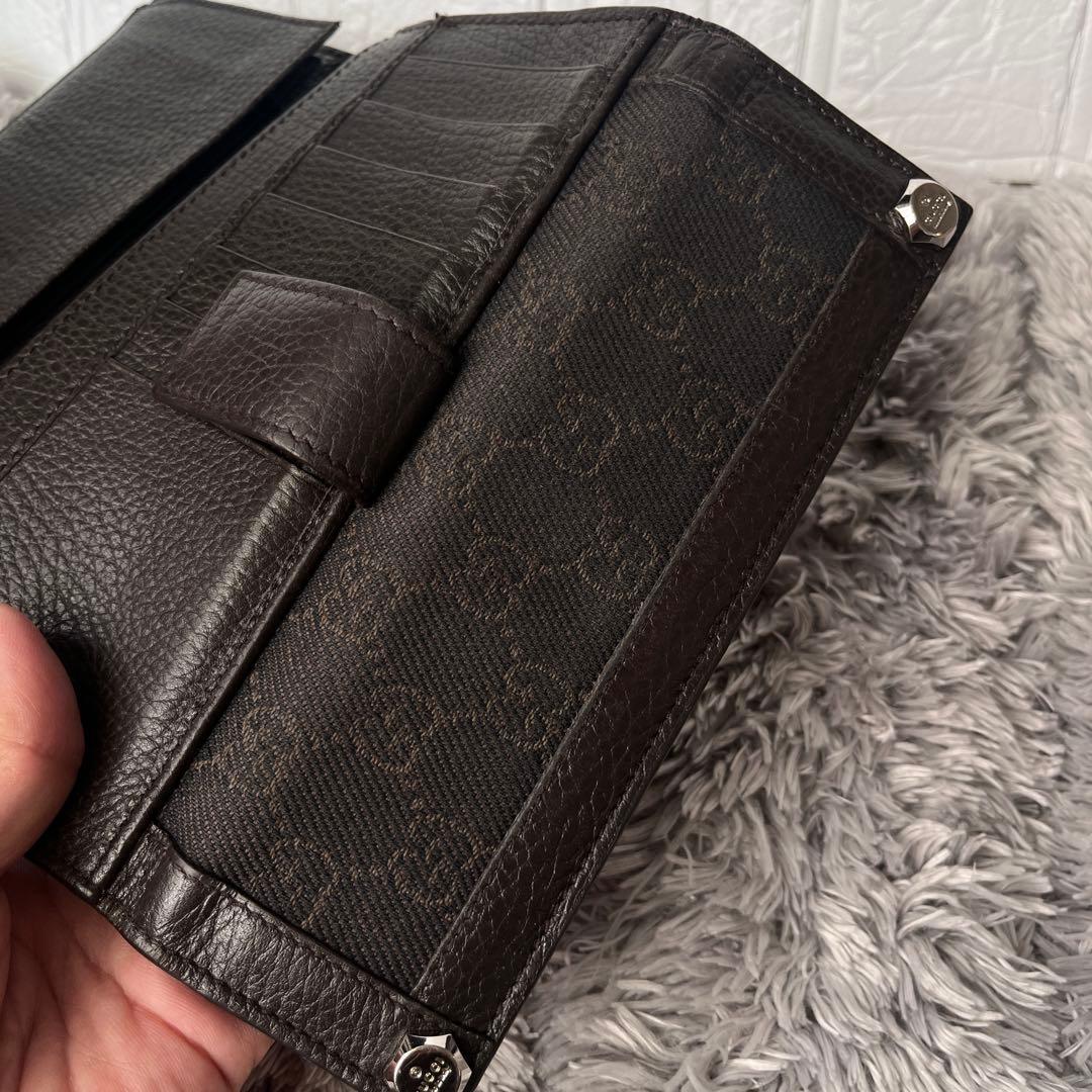 良品✨GUCCI シルバーロゴ　GGキャンバス ダークブラウン　シボレザー　財布