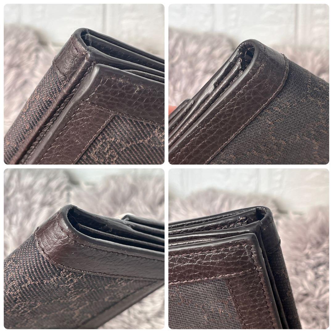 良品✨GUCCI シルバーロゴ　GGキャンバス ダークブラウン　シボレザー　財布