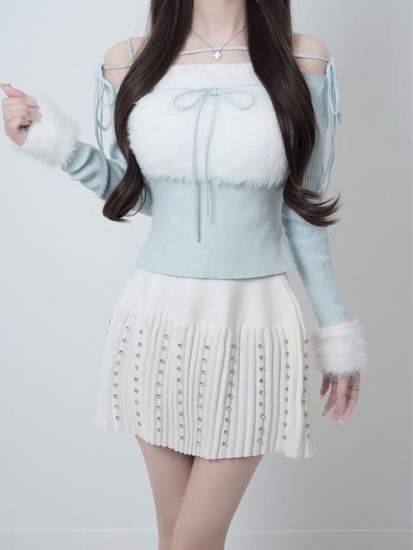 Lumignon Ribbon bust fluffy tops ライトブルー