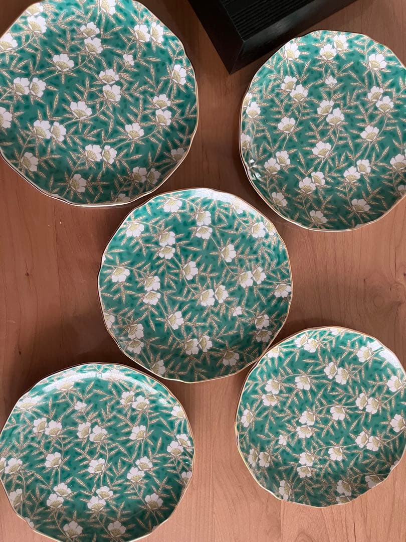 有田焼 明国窯　金彩 花文様 輪花　古伊万里　中皿 銘々皿 大皿　5枚
