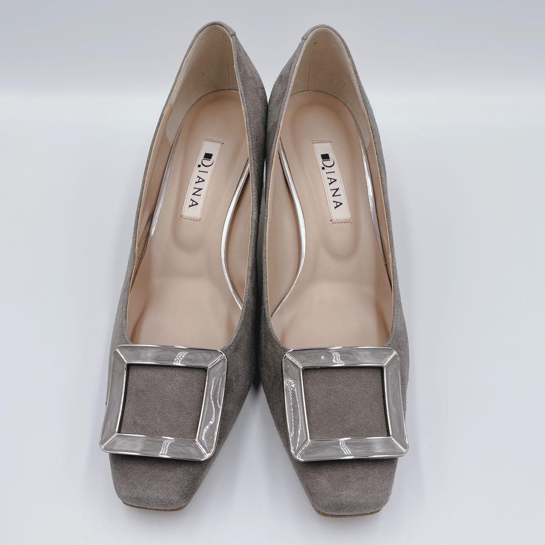 【新品】DIANA グレー スクエアトゥ スクエアバックル　パンプス　スエード
