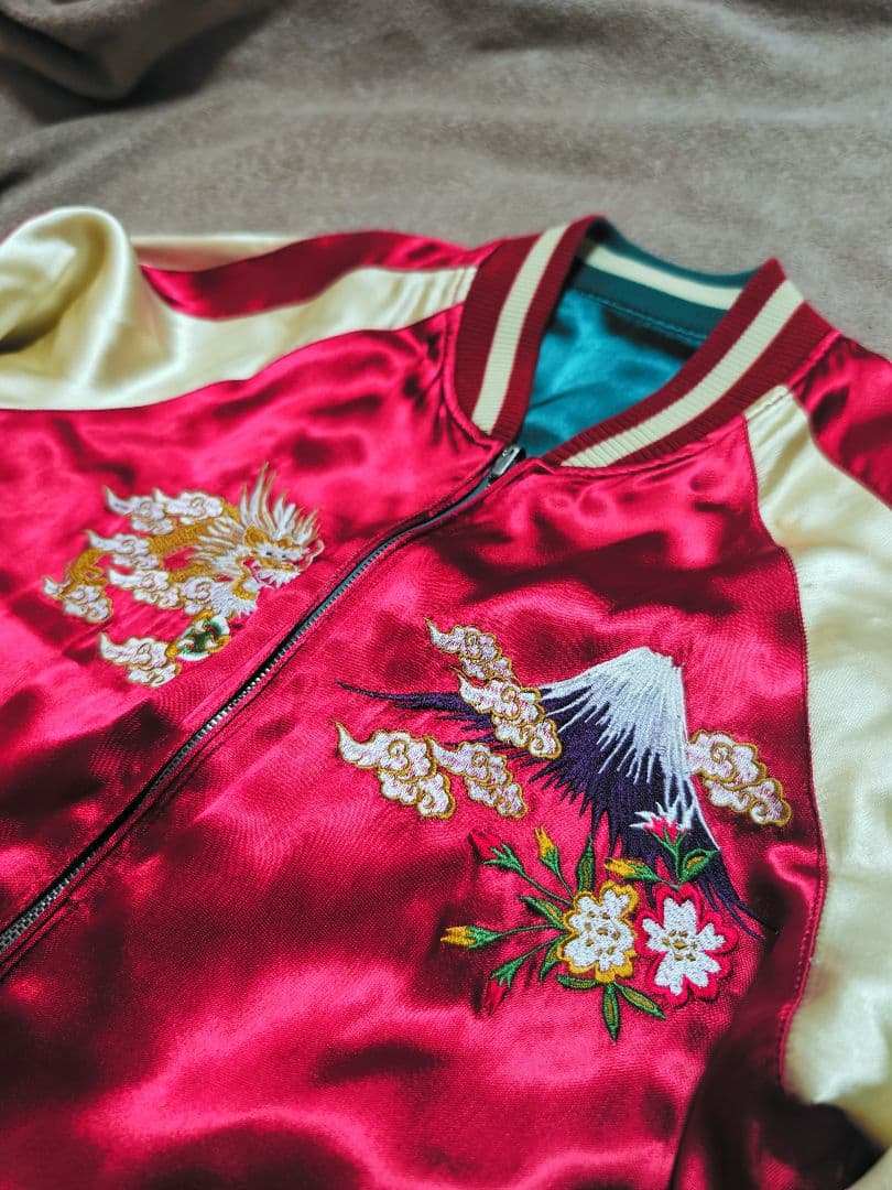 華鳥風月 美品 ２面用 日本限定 虎龍ワシ スカジャン 100%silk