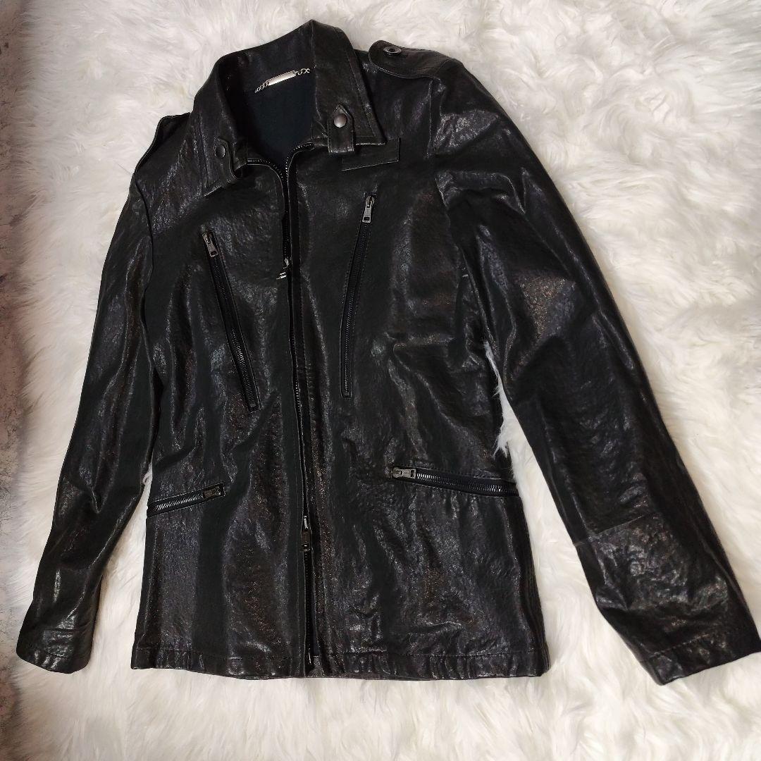 AKM　黒ラムレザー （羊革）シングルライダースジャケット・ラムレザージャケット