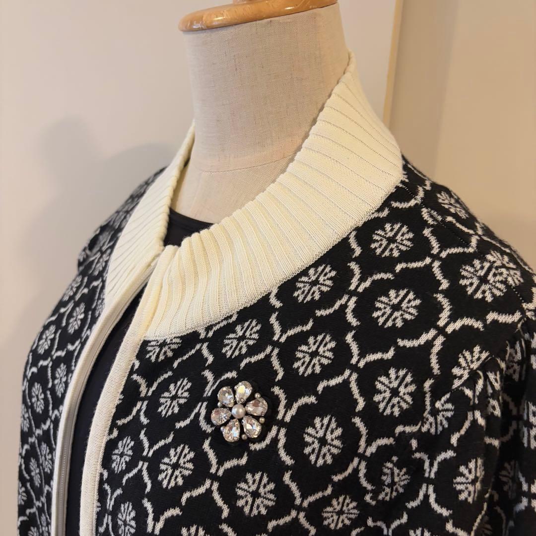 Super Beauty ジップアップニットコート、羽織物　L 11号　黒白