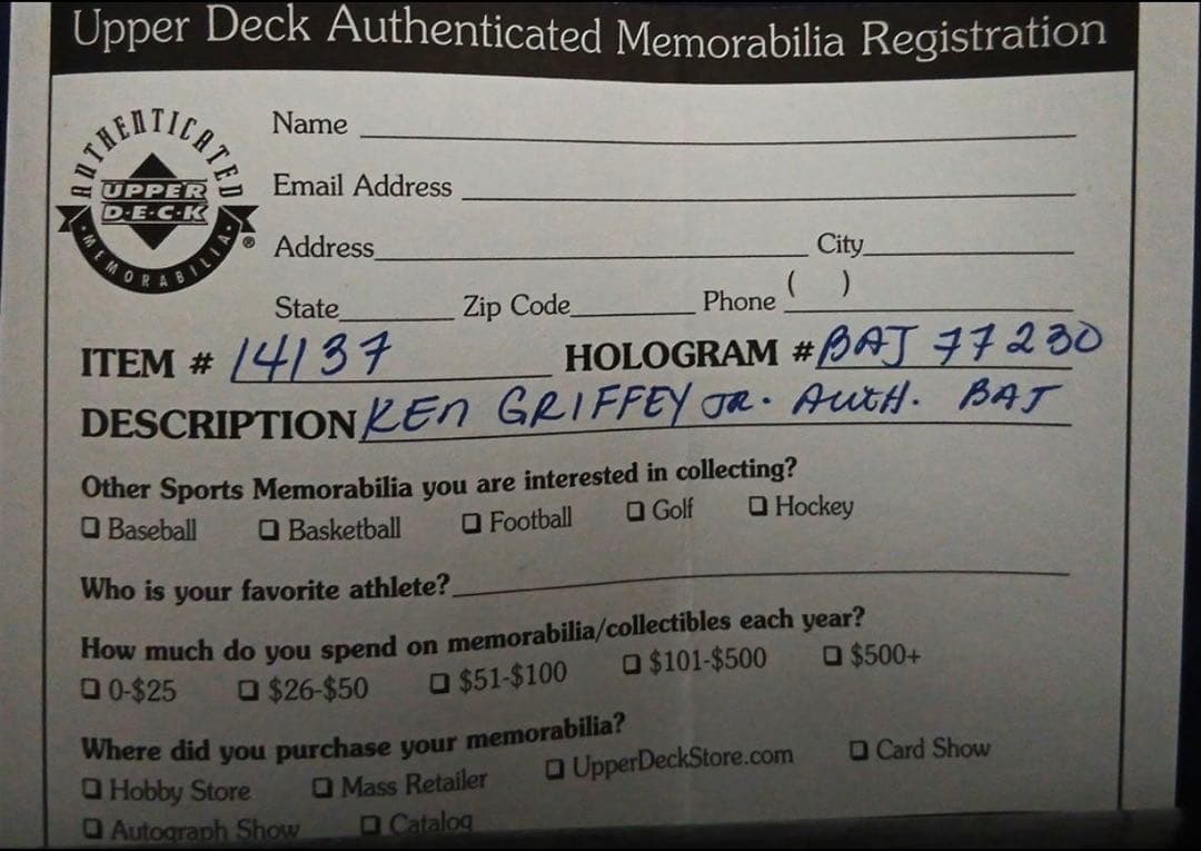 ケン・グリフィーJr 直筆サインバット　MLB の認証付き