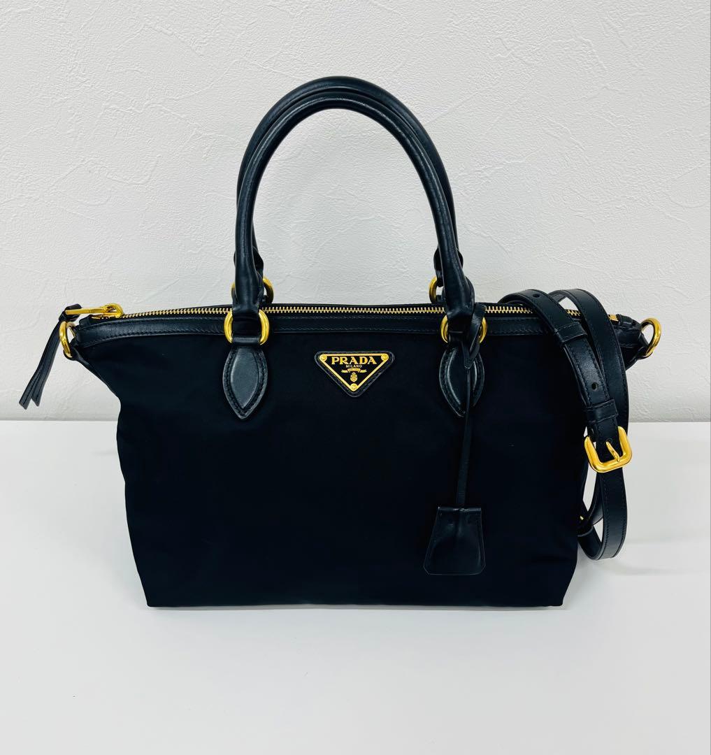 【美品】PRADA 黒 ナイロン レザー ハンドバッグ 2WAYショルダー付