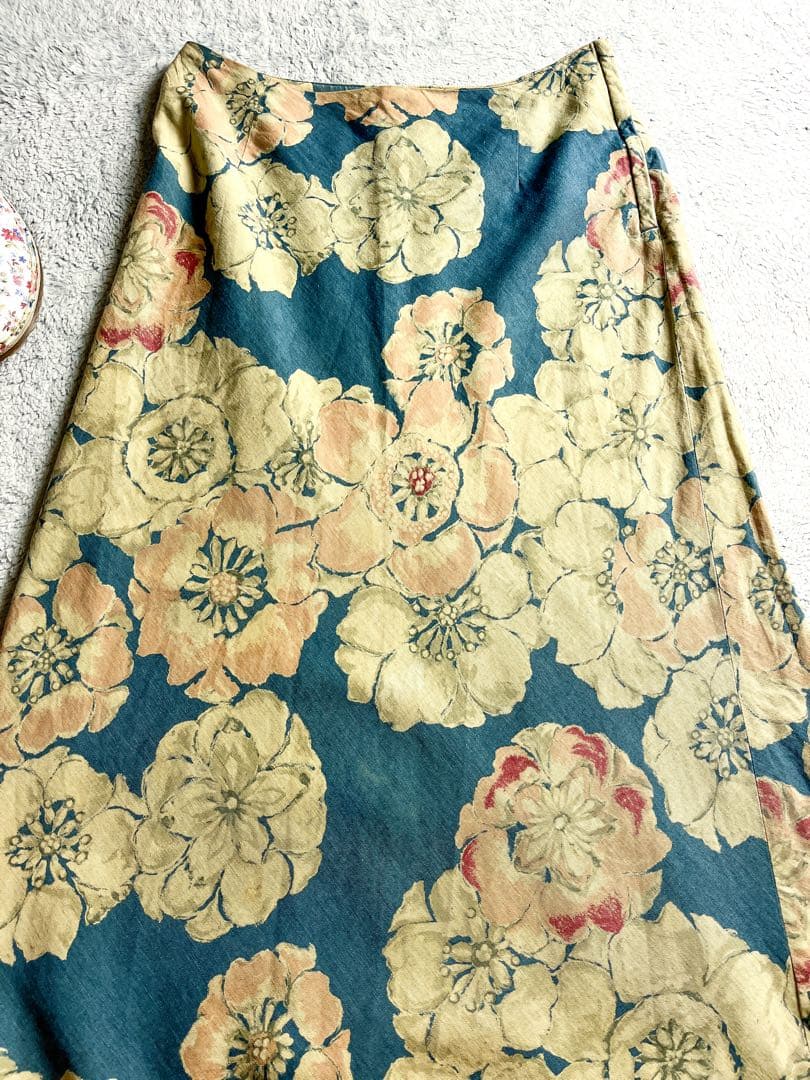 【45R】綿100% フラワープリント インディゴAラインロングスカート 2