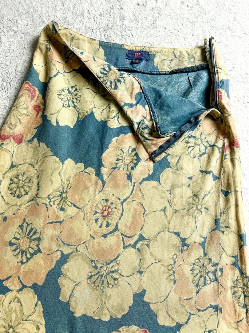 【45R】綿100% フラワープリント インディゴAラインロングスカート 2