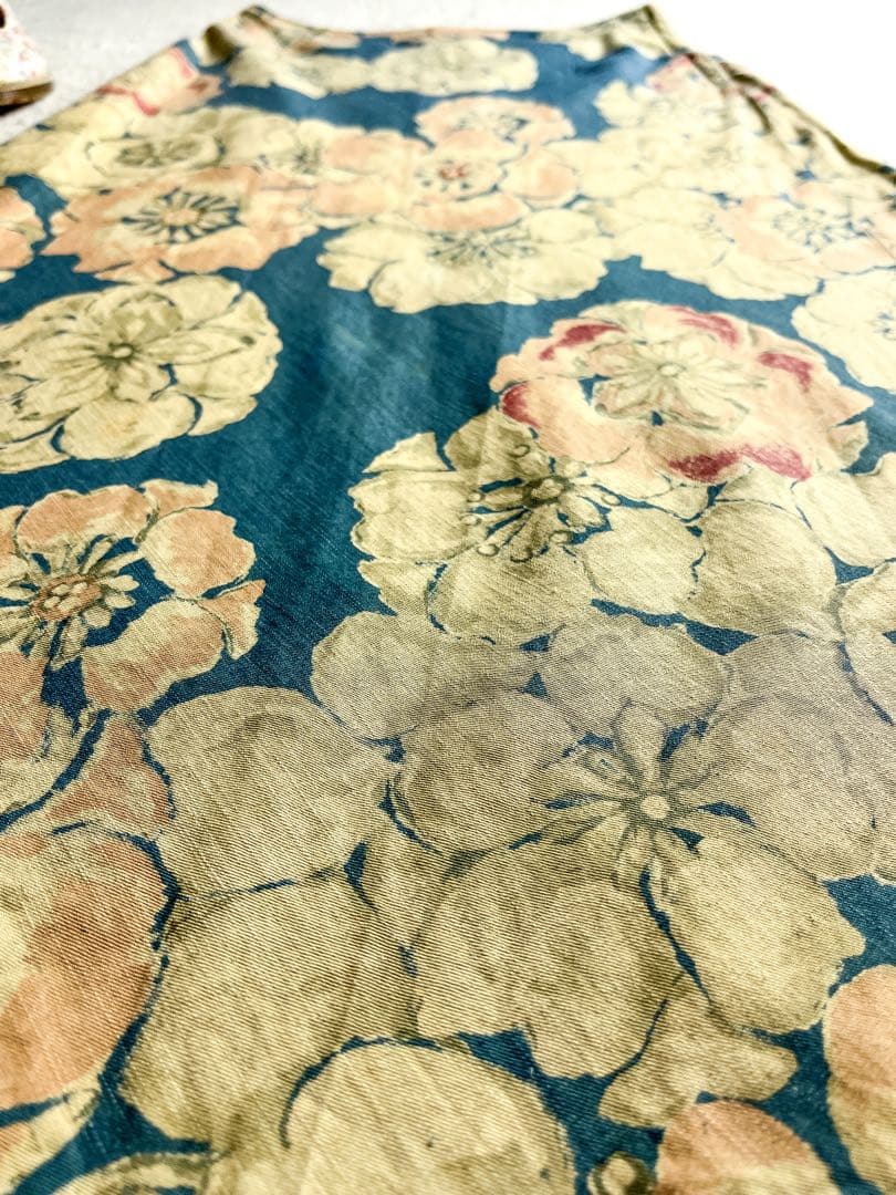 【45R】綿100% フラワープリント インディゴAラインロングスカート 2