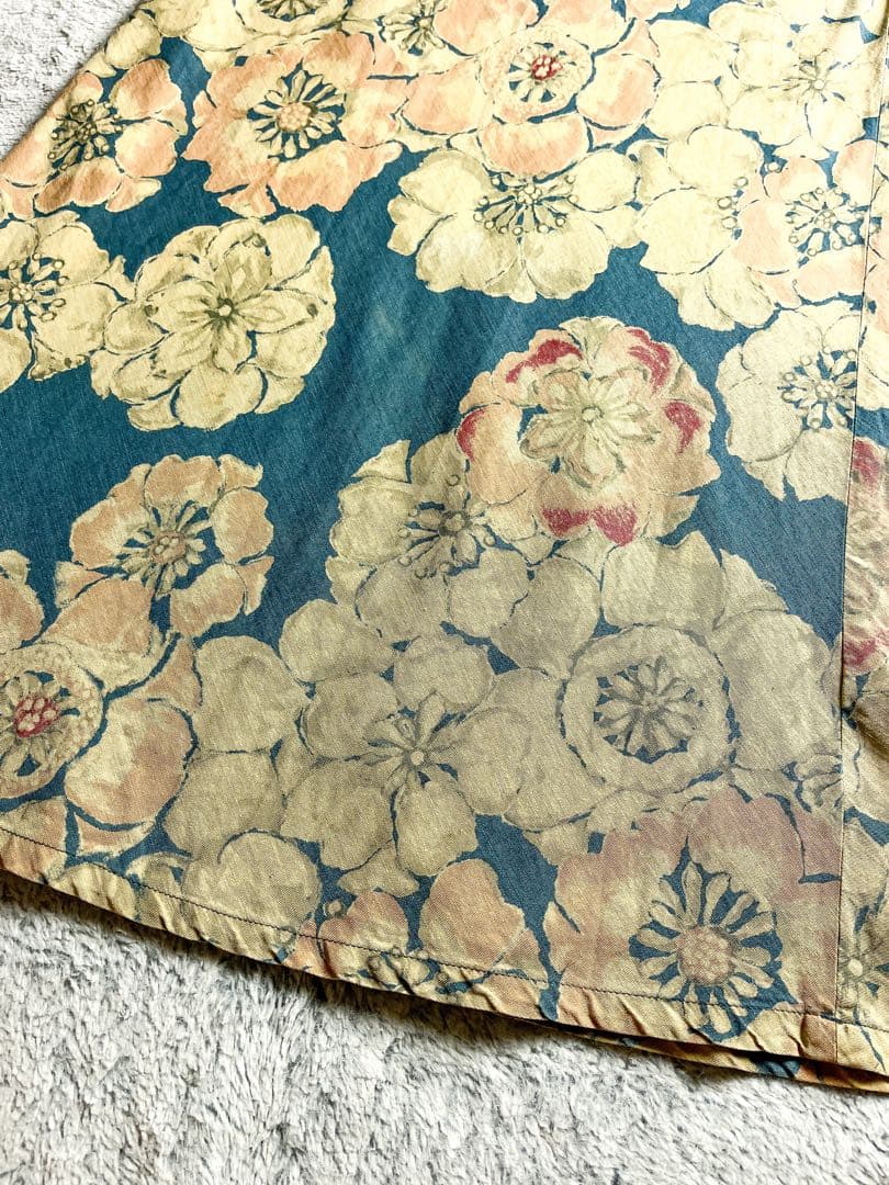 【45R】綿100% フラワープリント インディゴAラインロングスカート 2