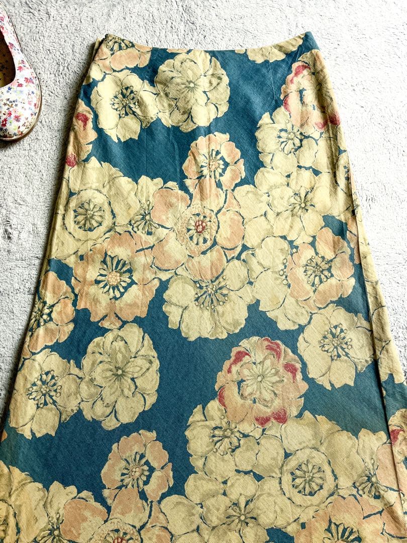 【45R】綿100% フラワープリント インディゴAラインロングスカート 2