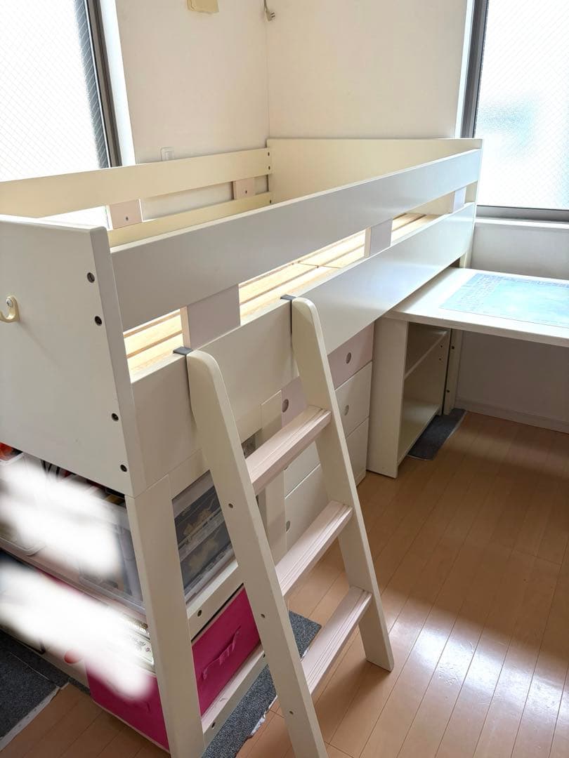 ホワイトロフトベッド デスク付き シングルサイズ