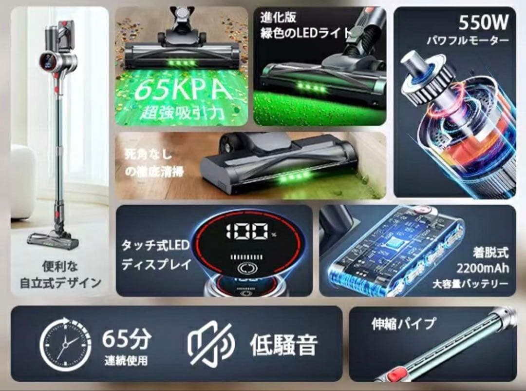 掃除機　楽天12連冠達成　65Kpa超強力! 革新版グリーンLEDライト