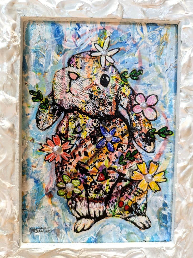 手作り額付き作品　title「静かなる月下の夢ウサギ」