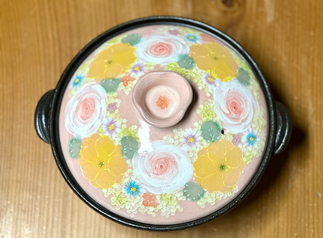 値下げ　新品　工房ゆずりは　９号土鍋　直火専用　間取黄花紋　４〜５人用　萬古焼