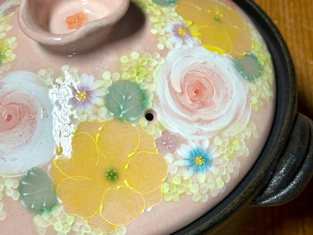 値下げ　新品　工房ゆずりは　９号土鍋　直火専用　間取黄花紋　４〜５人用　萬古焼