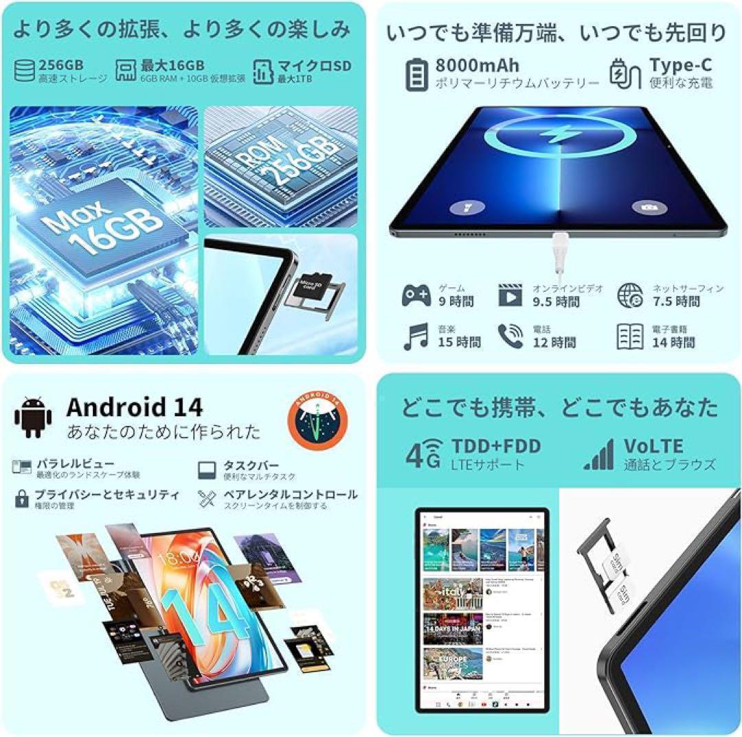Android14タブレット11インチ 16GB + 256GB simフリー