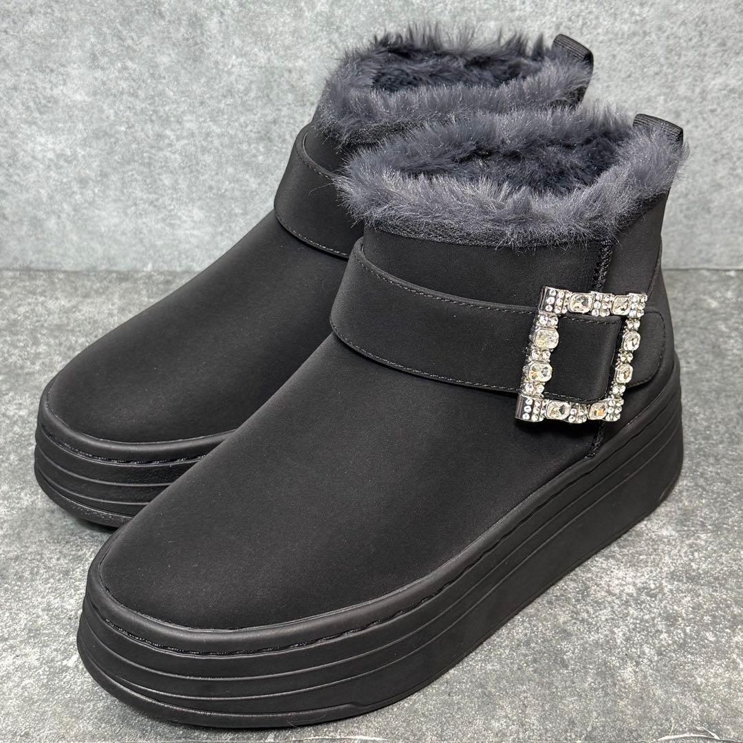 【新品】+DIANA ブラックムートン ビジュー バックル スエード24.5cm