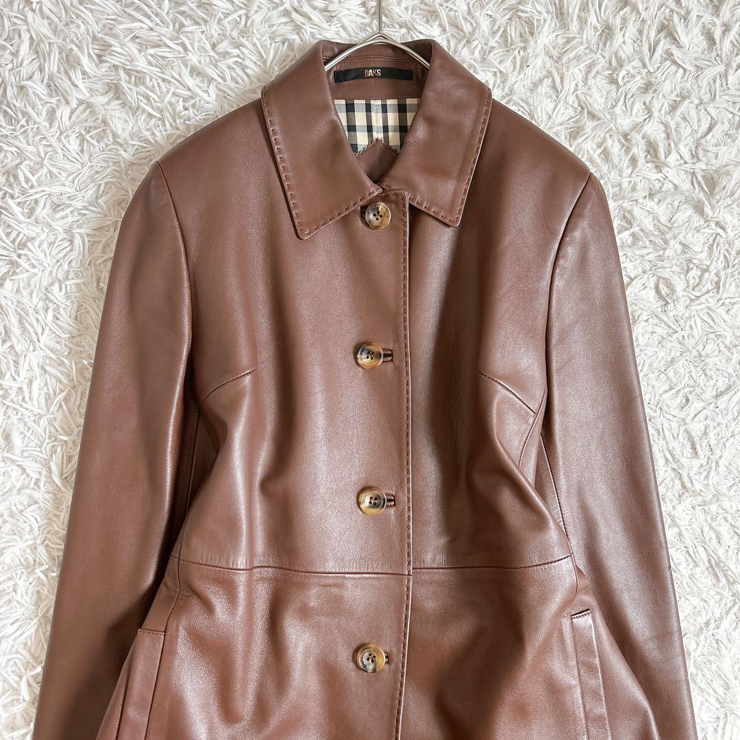 美品⁂ダックス⁂リアルレザーミドル丈コート　ラムレザー　ハウスチェック　茶色　M