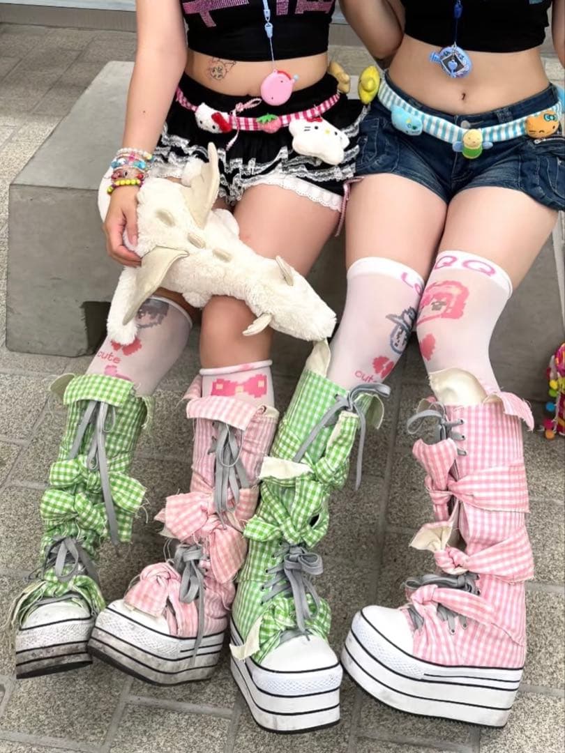 y2k 平成ギャル　ギンガムチェックリボン　ロングブーツ　リボン厚底靴　00s