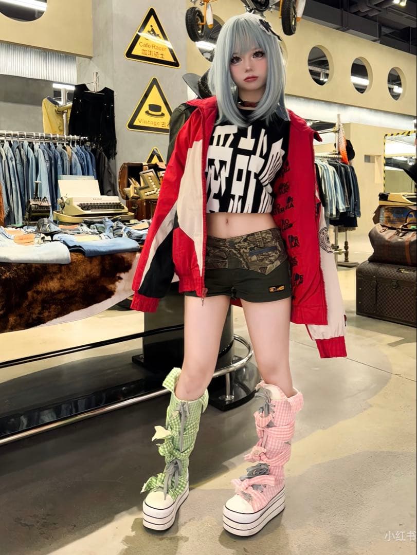 y2k 平成ギャル　ギンガムチェックリボン　ロングブーツ　リボン厚底靴　00s