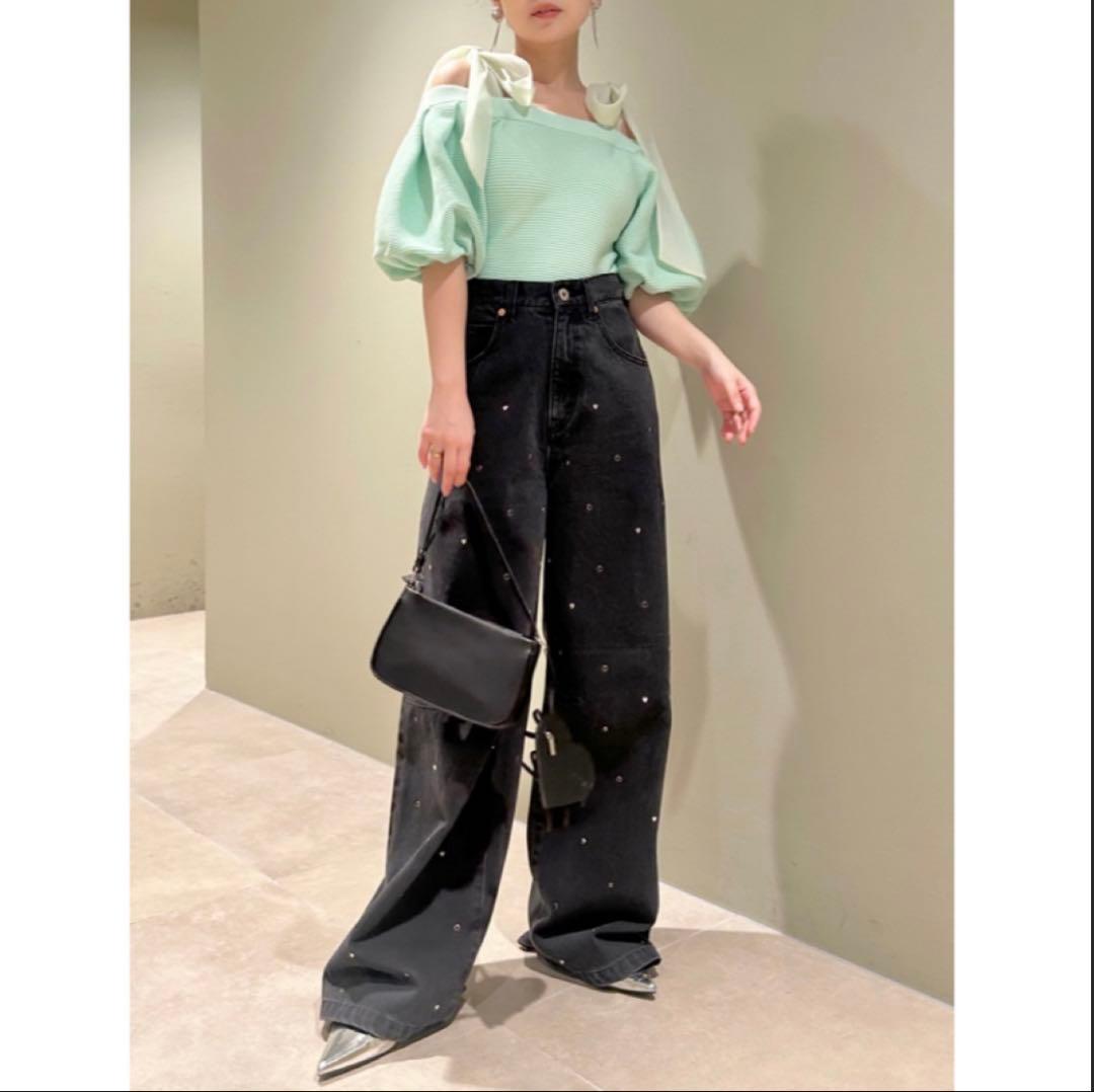 リリーブラウン Lily Brown ハートビジューワイドデニムパンツ　ブラック