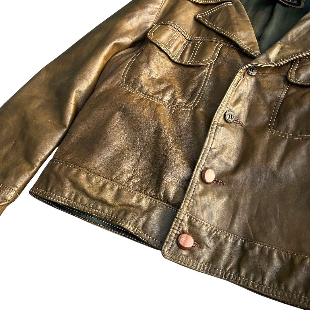 60’s ヴィンテージ レザートラッカージャケット 短丈 開襟 ブラウン 古着