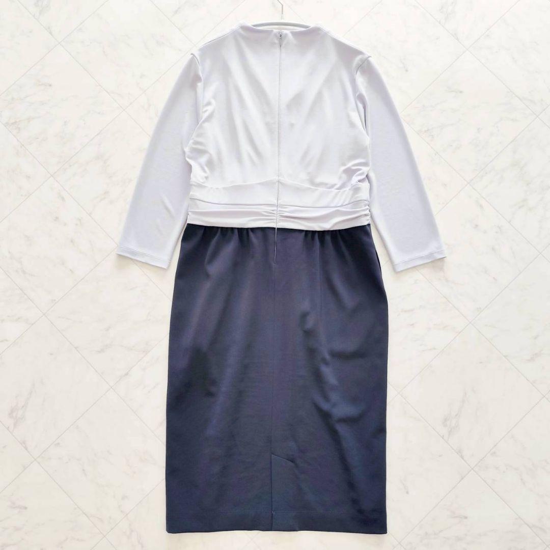 大きいサイズ13 kay me 洗える 切替 シェル ワンピース 紺 ラベンダー