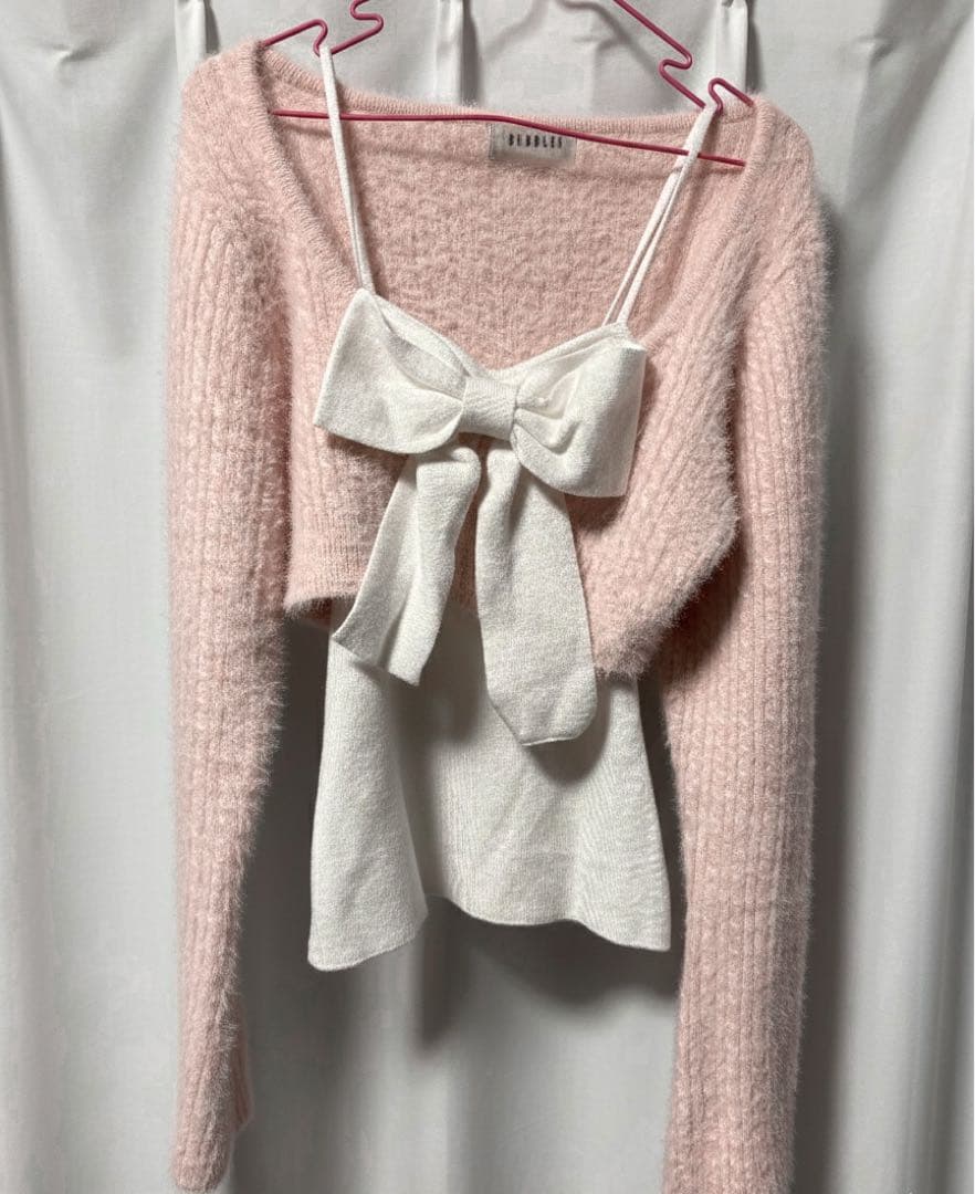 bubbles バブルス リボンニットアンサンブル ピンク×ホワイト