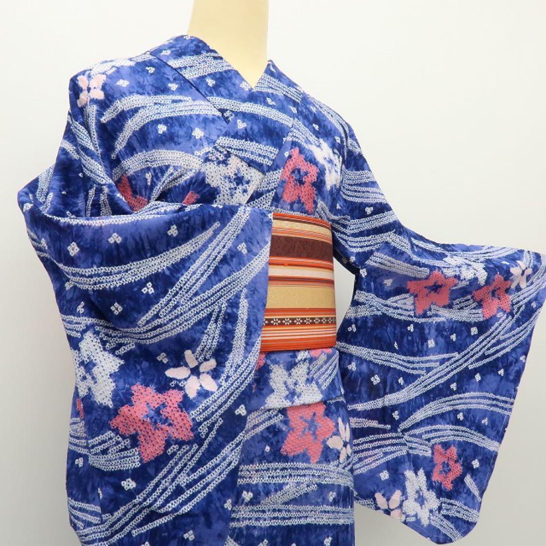 美品 有松鳴海絞り 桔梗 高級浴衣 着物 A3352