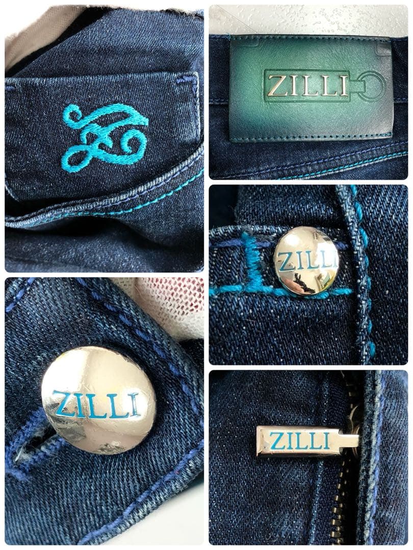 【美品 希少】ZILLI デニム パンツ ストレッチ 濃紺 総柄 レザー 48