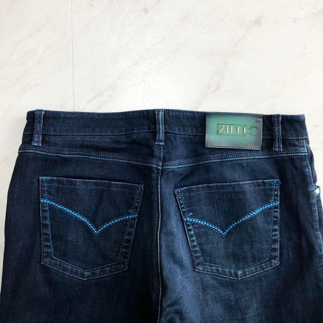 【美品 希少】ZILLI デニム パンツ ストレッチ 濃紺 総柄 レザー 48