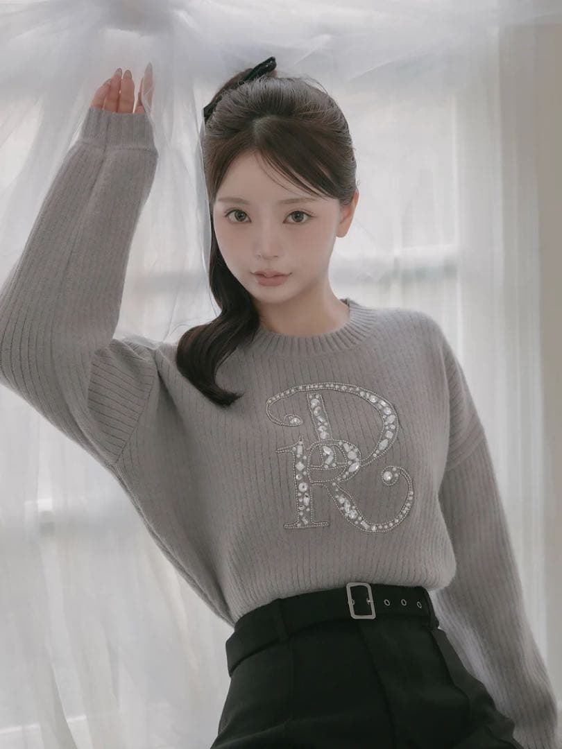 ♡ ダーリッチ Darich DRビジューボリュームリブニットトップス　グレー