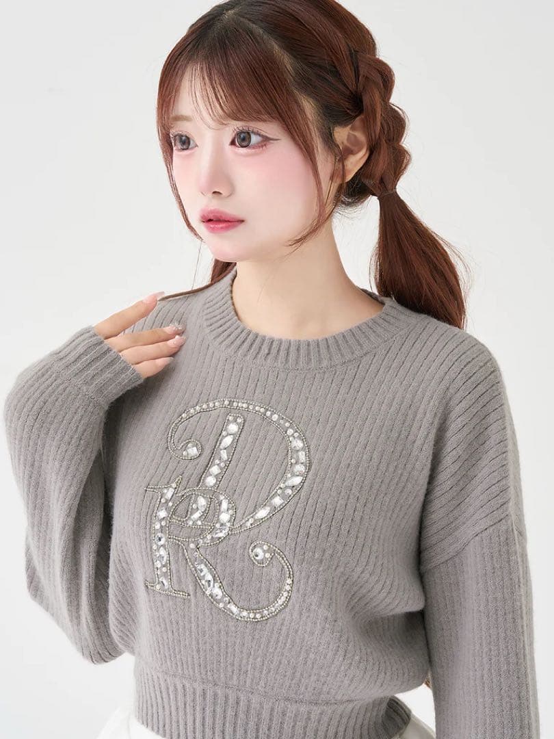 ♡ ダーリッチ Darich DRビジューボリュームリブニットトップス　グレー