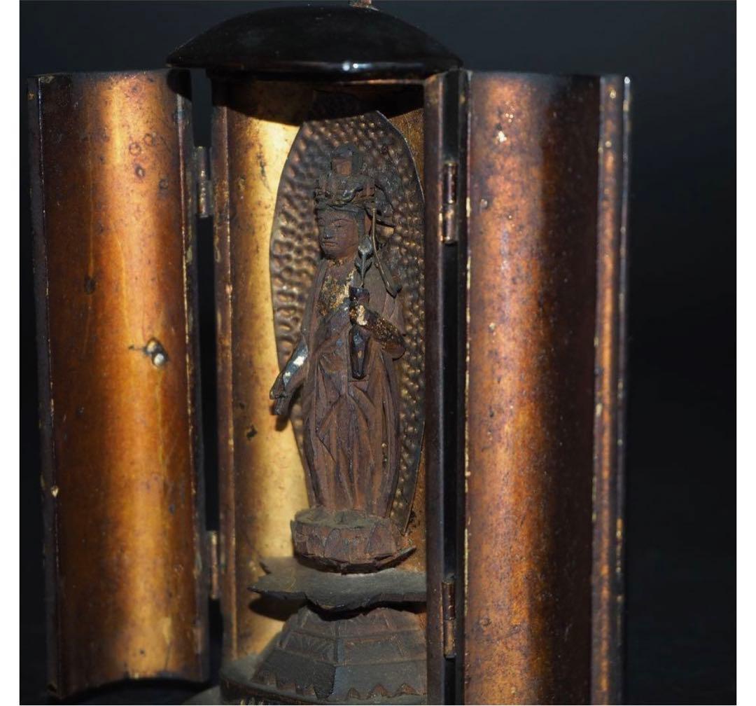 ジュン送料無料　江戸時代　大御輪寺　木彫り観音立像 厨子厨子高さ8.6ｃｍ