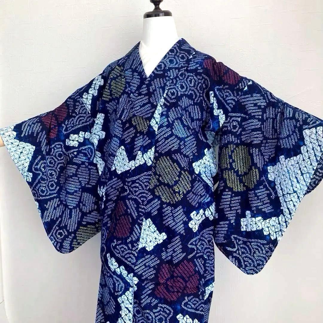 有松鳴海絞り・蜘蛛絞り浴衣　未使用しつけ付　手縫い　絞り浴衣　大輪花模様　N85