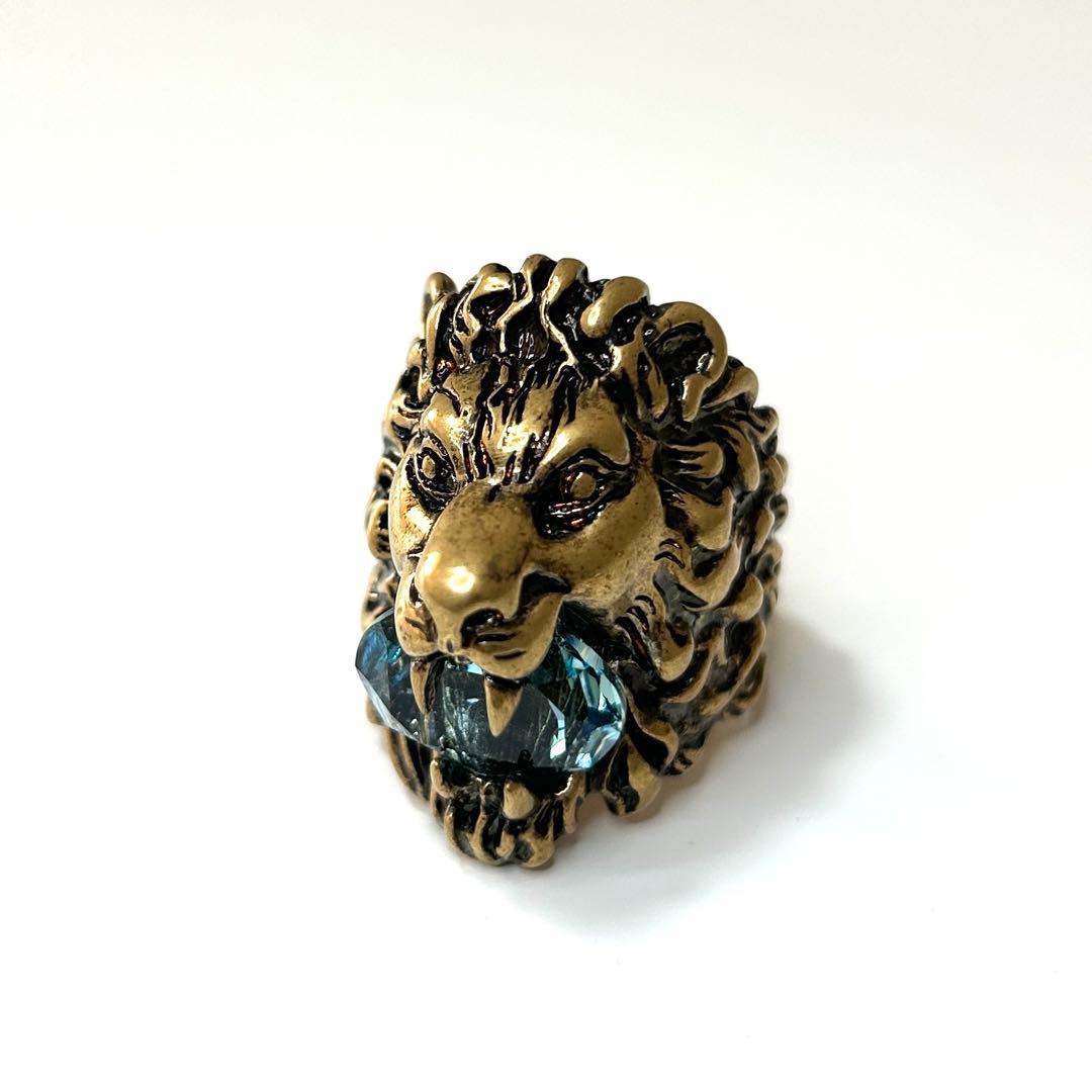 と*ラ様 GUCCI ライオンヘッド リング ブルーストーン ゴールド ヴィンテ