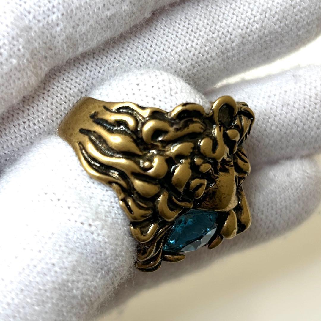 と*ラ様 GUCCI ライオンヘッド リング ブルーストーン ゴールド ヴィンテ