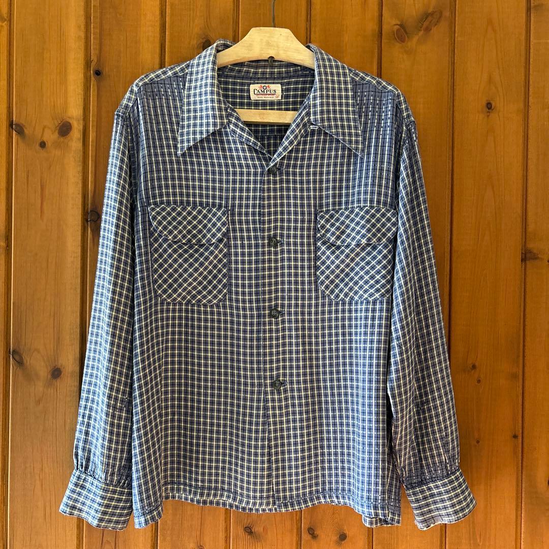 【50sビンテージ】Campus レーヨンシャツ シャドー 織柄 L ロカビリー