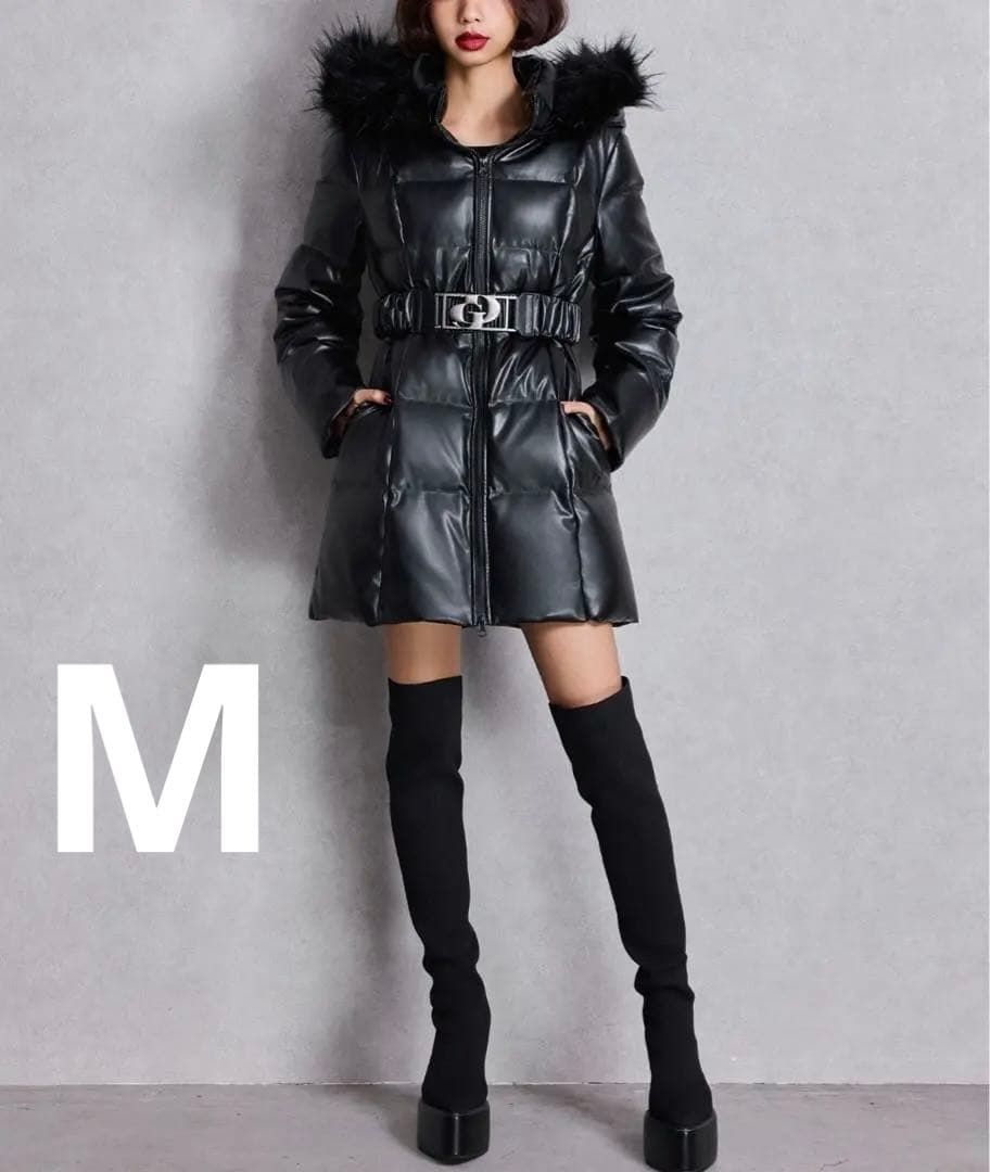 GYDAGDベルト付きフェイクレザーロングダウンコートM ノベルティショッパー付